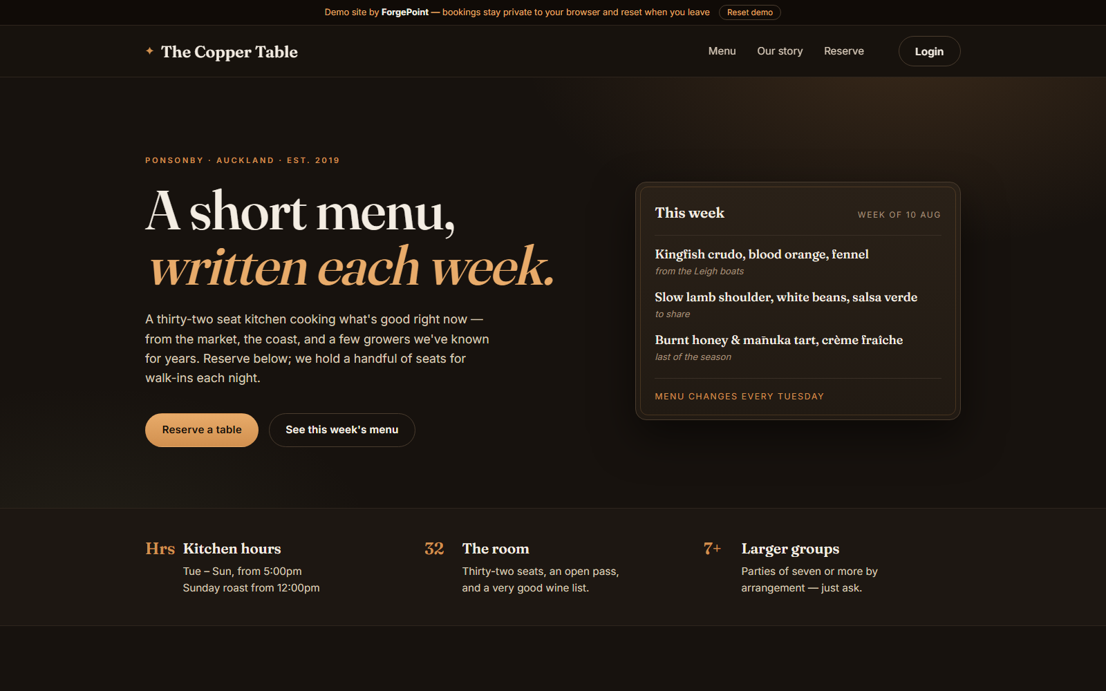 The Copper Table demo restaurant booking website homepage