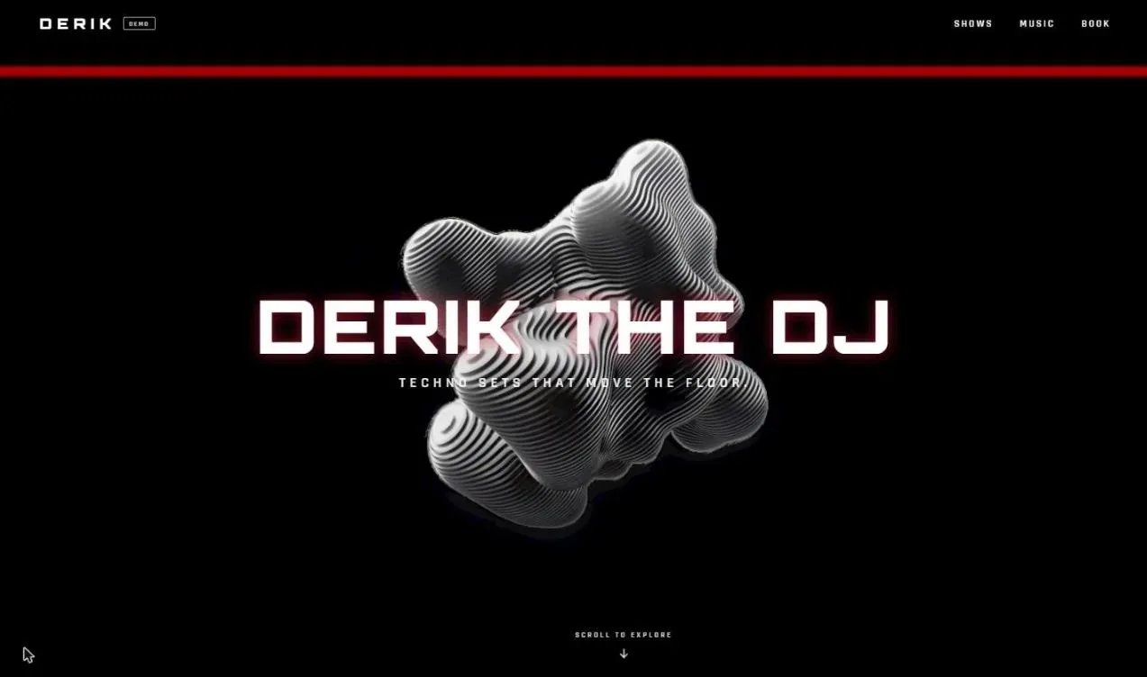 Derik the DJ demo website hero with a WebGL audio-reactive visual