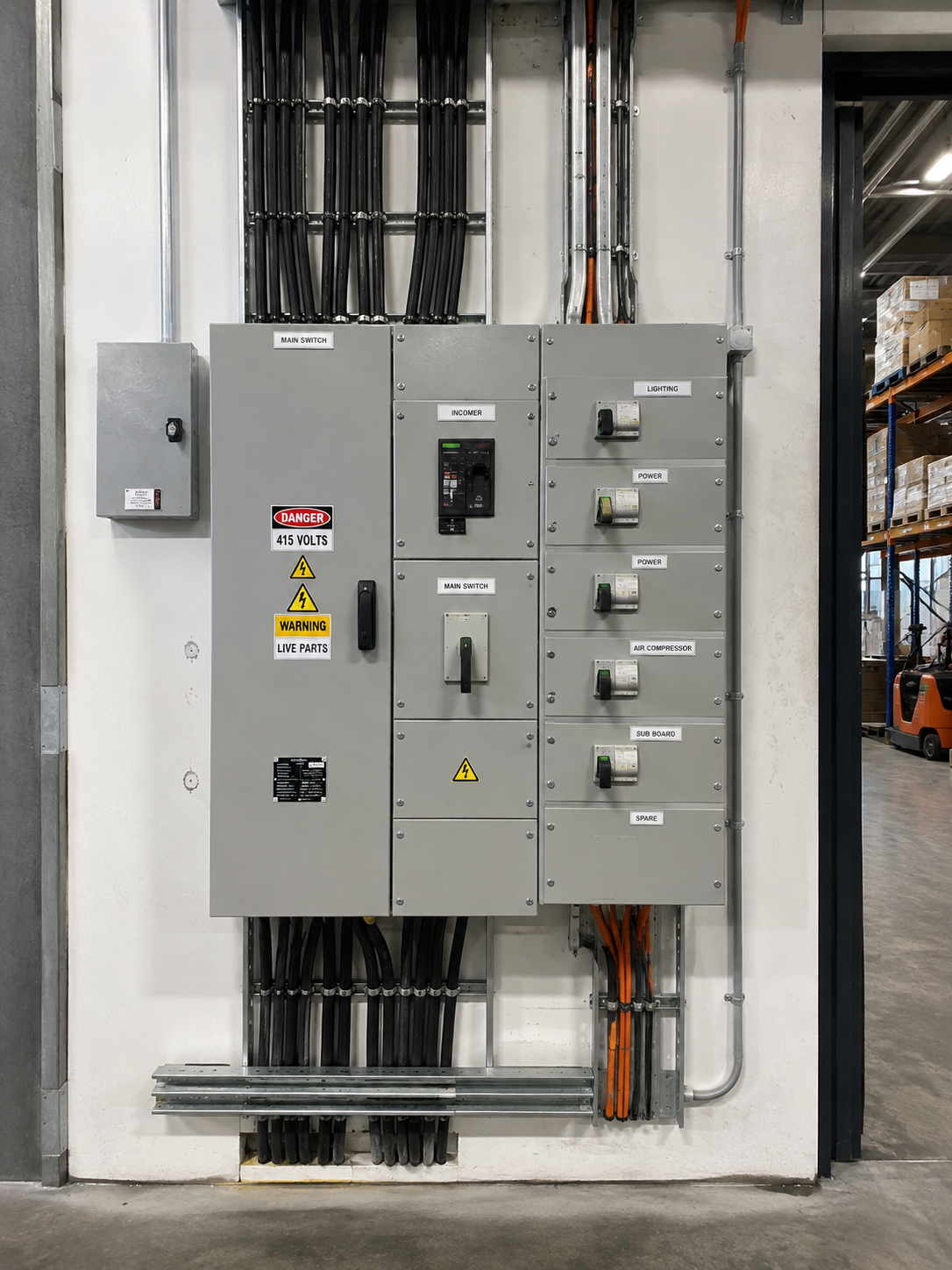 Three-phase power installation in a light industrial unit