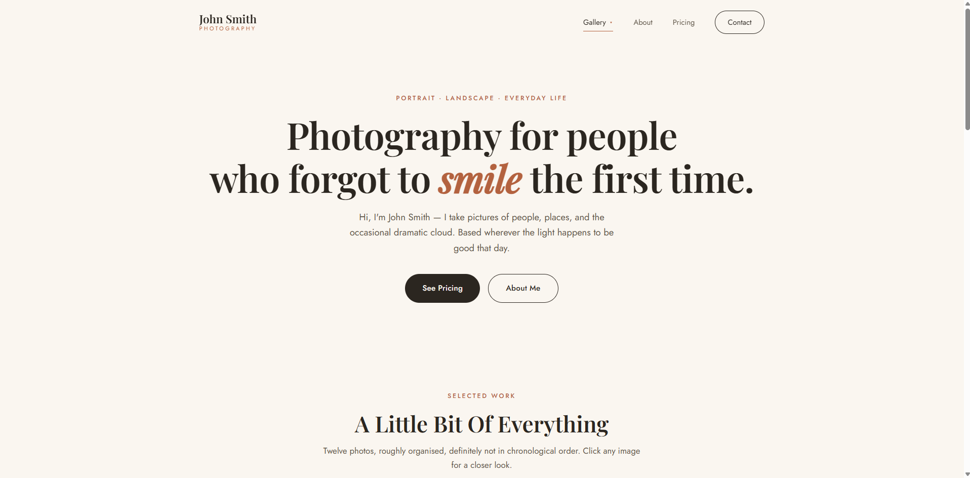 John Smith Photography example website homepage
