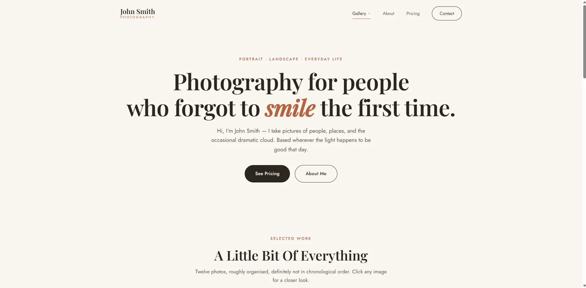 John Smith Photography demo website homepage