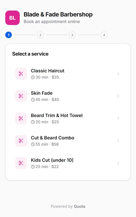 The same Quota booking page on a phone-sized screen.