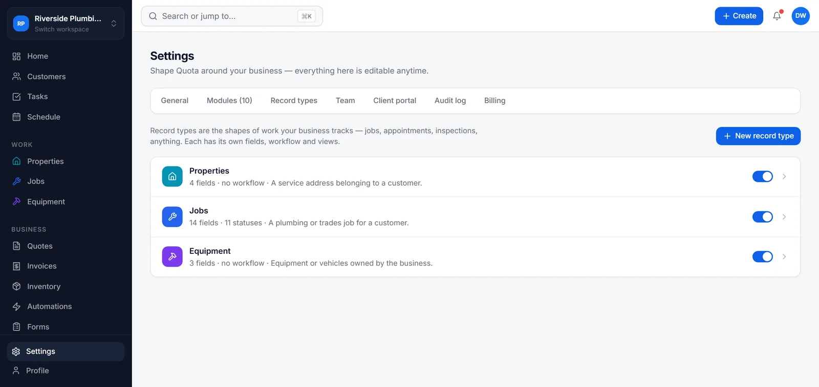 Quota settings screen listing the Properties, Jobs and Equipment record types with their field and status counts.