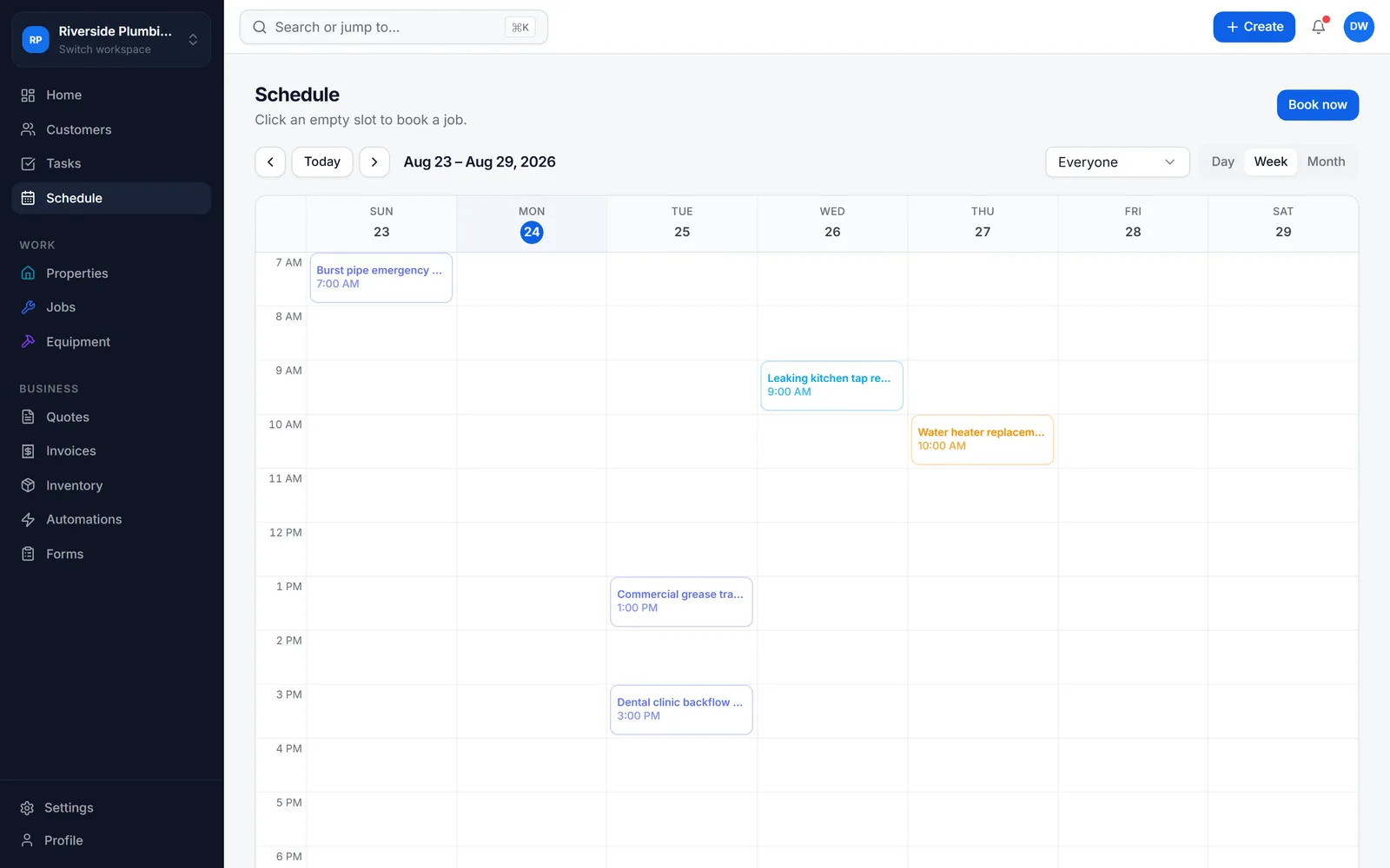 Quota schedule showing a week view with plumbing jobs placed across Sunday to Thursday.