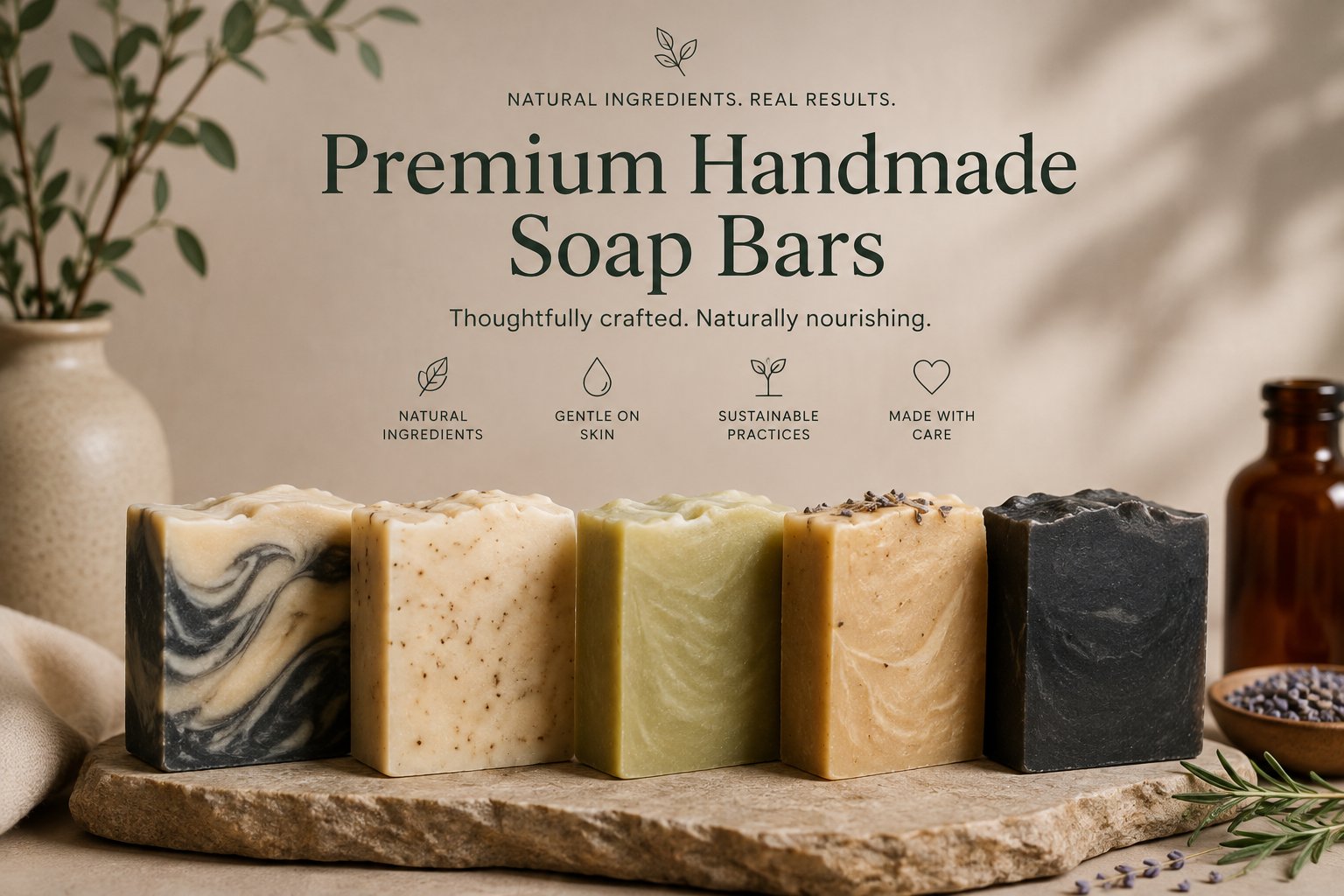 Handmade soap bars arranged on a stone slab with botanicals